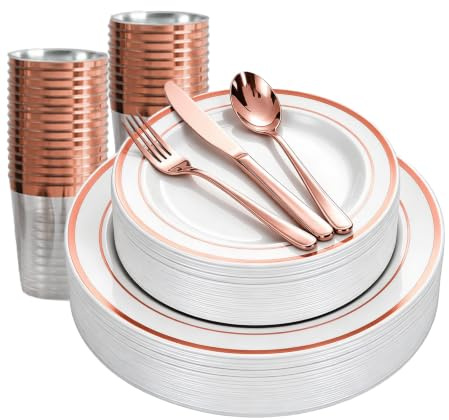 Yazoni Reusable Plastic Dinnerware Set for 25 Guests – Washable & Dishwasher Safe – Includes Plates, Cutlery, Cups, Napkins – Rose Gold