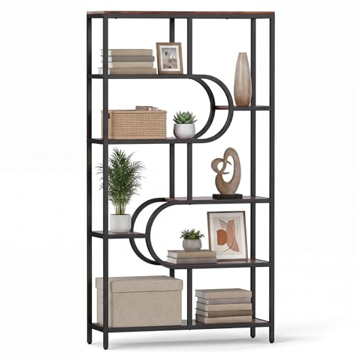 CASART 8/10-Tier Bookcase (Rustic Brown + Black, 95 x 30 x 176cm, 8) | Metal Frame Tall Etagere Bookshelf with Open Storage Compartments, Industrial Display Shelf Unit for Living Room Office