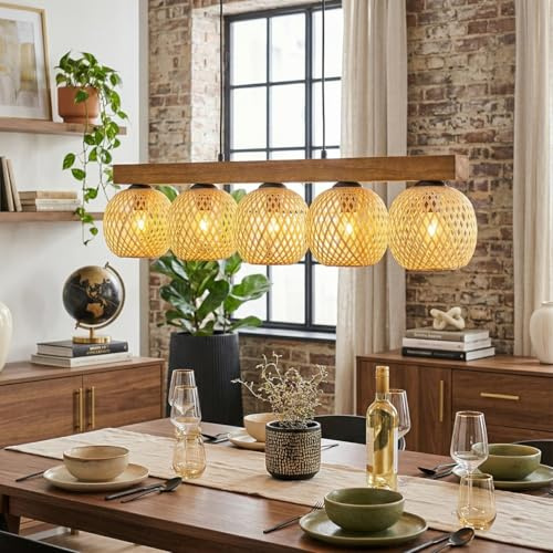 HOFSTEIN Hängeleuchte Basto, 5-flammige Hängelampe aus Metall/Holz/Bambus in Schwarz/Natur, Pendelleuchte im Boho-Design mit Holzstab und Schirmen in Gitter-Optik, E14, Esszimmer, Küche, Wohnzimmer