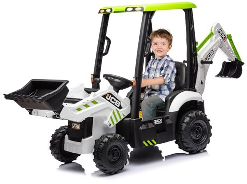 12V Electric Ride on Tractor for Kids, 4-in-1 Ride on Digger and Excavator with Shovel, Bulldozer & Dumper, 2.4G Remote Control, Horn & Music, Battery Powered Tractor Toy for Boys Girls Age 3+ White