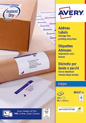 Avery Selbstklebende Etiketten, weiß, 240 Stück, 99,1 x 33,9 mm, J8162-15 – A4-Blatt, Tintenstrahldrucker, kompaktes Format, FSC-Papier, kompatibel mit meinem Online-Stempel