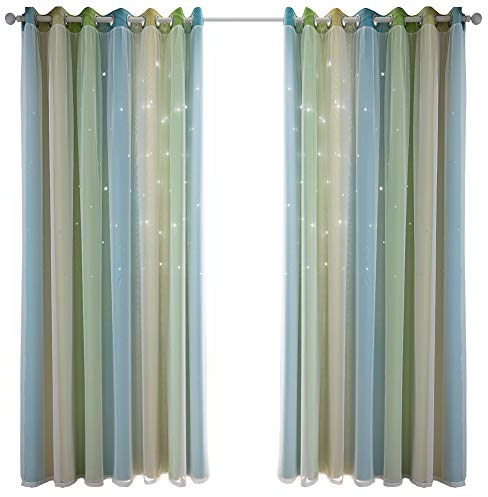 WERTAZ Vorhänge Sterne Verdunkelungsvorhänge Double Layer Hollow Out Streifen Fenstervorhänge Verdunkelungsvorhänge für Kinderzimmer, Wohnzimmer