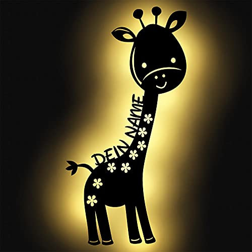 Giraffe Figur Deko Kinderzimmer Nachtlicht Schlummerlicht Holz Wand-Lampe mit Namen personalisiert Giraffenlampe für Kinder-Zimmer Mädchen