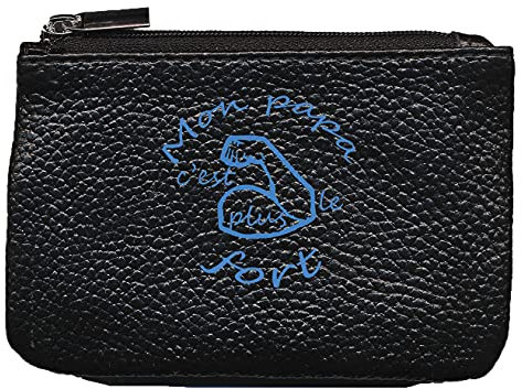 Petit Porte Monnaie en Cuir Porte cles Noir Papa Le Plus Fort Fete des Peres