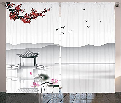 LKCD Verdunkelungsvorhang Für Kinderzimmer - Gartenvogel Lotus Wasserfall Im Japanischen Stil Grau Rosa 200X160Cm Thermovorhang, Blickdichter Vorhang Mit Schlaufen, 2Er-Set Gardinen, Blickdicht