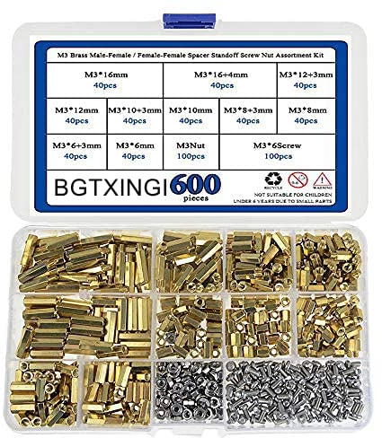 BGTXINGI 600pcs M3 Brass Plug Female Socket Spacer Screw Nut Assortment and Stainless Steel Screw Nut Set (Brass M3)