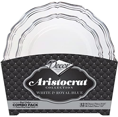 Decor Decorline - Set di stoviglie riutilizzabili da 32 pezzi/per 16 persone - Collezione Aristocrat - Bianco/argento - Piatti da dessert per cena e antipasti - 2 misure (16 x 26 cm e 16 x 19 cm)