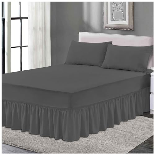 Plain Elastic Bed Valance Sheet, Ruffles Bed Skirt Sheets, Ultra Soft Bedskirts Valance Bedsheets, Charcoal