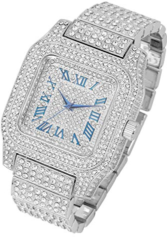 Charles Raymond Bling-ed Out Biggie Square Hip Hop Iced Out Uhr, Sie werden in einer Kristalluhr hypnotisieren - 0513Sq, Silber Blau R#, 8 inches, 0513Sq (Silber Blau R#)