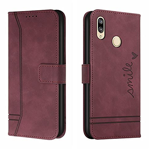 Bravoday Hülle für Huawei Y6 2019 / Y6 Prime 2019 / Y6 Pro 2019, PU Ledertasche Handyhülle Flip Schutzhülle Kompatibel mit Huawei Y6 2019, mit Kartenfäch & Kickstand, Weinrot