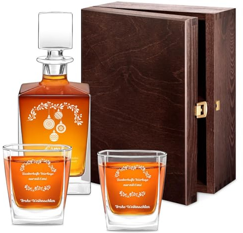 Maverton Cube Whiskykaraffe 810 ml + 2er Whiskygläser Set mit Gravur | Graviertes Whisky Dekanter Set, Glaskaraffe mit Gläsern für Whisky Genießerin, Whiskey Set für Frauen, Zweig
