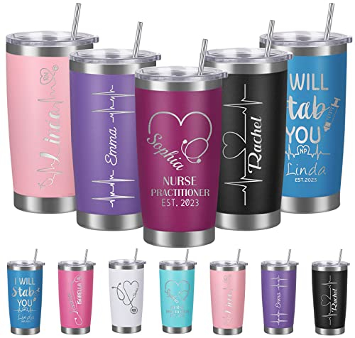 Lovdeying Personalised Nurse Tumblers with Name Lids and Straws Custom Insulated Coffee Travel Tumbler Cup Customised Nurse Appreciation RN Graduation Gifts for Men Women Stainless Steel, 20oz/590ml