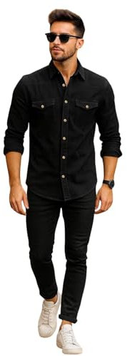 True Face Mens Denim Shirt 100% Cotton Multi Pocket Long Sleeve Casual Collared Button Down Washed Effect Shirts Top Black M