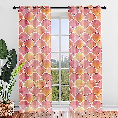 Hiseng 2 Pezzi Tende Voile Trasparente Interni, Decorativi Sheer Tenda per Camera da Letto Finestre Porta Cucina Soggiorno, Squame Pesce Stampa Semi Trasparente Tende (55x95cm,Sole Rosa)