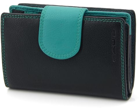 ekavale Geldbörse aus echtem Leder für Damen, Frauen Geldbeutel, Portemonnaie RFID (Schwarz-Grün)