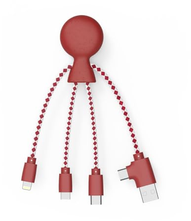 Xoopar Mr Bio Câble Multi USB 4 en 1 Pieuvre Plastique Recyclé - Rouge | Pieuvre 4 en 1 en plastique recyclé issu des océans : USB, USB-C, Lightning et Micro USB - compatible smartphones