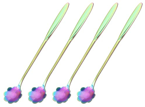 sourcing map 4Pcs Stainless Steel Flower Spoon 7 Inch Long Handle Heart Teaspoon Ice Cream Spoon Coffee Spoons for Cocktail Stirring Mixing, Colorful