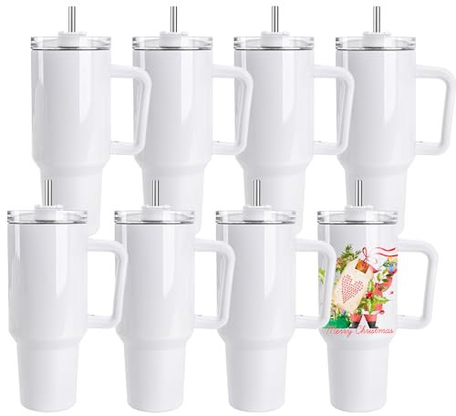 D·S 8 Pack Sublimation Tumblers 40 OZ with Handle Blank Insulated Large Tumbler Bulk, Coffee Travel Cups Stainless Steel Travel Mug for DIY Craft Heat Press Print