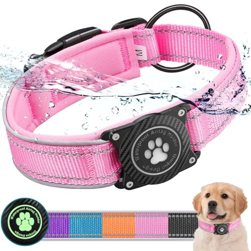 Ytanest Leuchtend AirTag Hundehalsband Halter 100% Wasserdicht Integriertes Apple Air Tag Reflektierend für mittlere große Hunde, Rosa, S