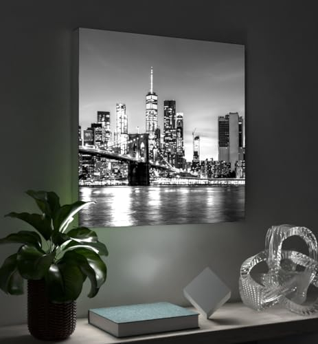 MyMaxxi - Pixlip Poster New York bei Nacht Wandbild Design Wand Dekoration, Foto schwarz weiß Leuchtrahmen - Skyline, 120x84 cm, Rahmen: Leuchtrahmen inkl. Druck