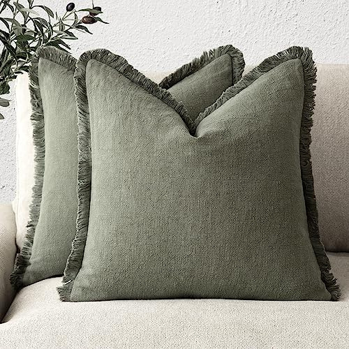 Foindtower Dekorative Leinen-Kissenbezüge im Boho-Stil mit Fransen, Landhaus-Kissenbezug mit Quasten, weich, für Couch, Sofa, Bett, Wohnzimmer, Inneneinrichtung, 2 Stück, 66 x 66 cm, Olivgrün