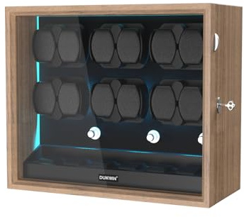 DUKWIN Uhrenbeweger für 4/6/8/12 Automatikuhren, abschließbare automatische Aufzieher mit extra 4/6 Uhrenräumen, 4 Rotationsmodi, flexiblen Kissen, leiser Motor und blauer Hintergrundbeleuchtung