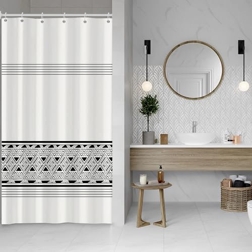 ASDCXZ Tenda da doccia a righe, 90 x 180 cm, stile bohémien, moderna, stile boho, regola, nero, bianco, geometria, bagno, lavabile, sottile, in poliestere, impermeabile, per vasca da bagno con 6 ganci