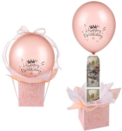 Pull Geld Ballon Box für Geldgeschenke, Lustig Happy Birthday Überraschungsset mit Ballon Band Ballon Halter Pull Money Balloon Box Herausziehbare Geschenke für Freundin Ehefrau (Roségold)