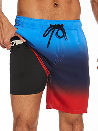 BSLVWG Herren Badehose Badeshorts Boardshorts Quick Dry Beach Shorts 2 in 1 Badeshorts mit Futter mit Taschen Stretch Beach Shorts (DE/NL/SE/PL, Alphanumerisch, XXL, Große Größen, Regular, Rot)