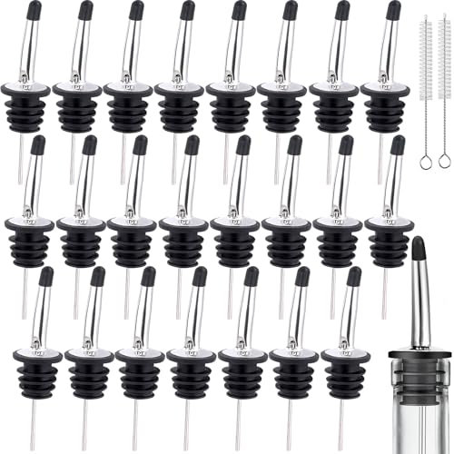Liquor Bottle Pourers for Spirits 24 Pack Stainless Steel Freeflow Drink Speed Pourer Wine Olive Oil Bottle Pourers Tapered Spout with Rubber Dust Caps (Silver)