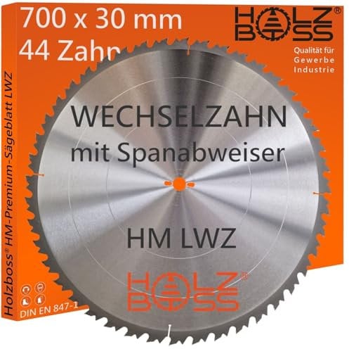 Holzboss ® HM-Sägeblatt 44 x Zahn LWZ 700 x 30 mmØ L-Wechselzahn mit Spanabweiser Rückschlagarm HW Kreissägeblatt WZ für Längschnitte Querschnitt Tischkreissäge Wippsäge Feinschnitt Holz