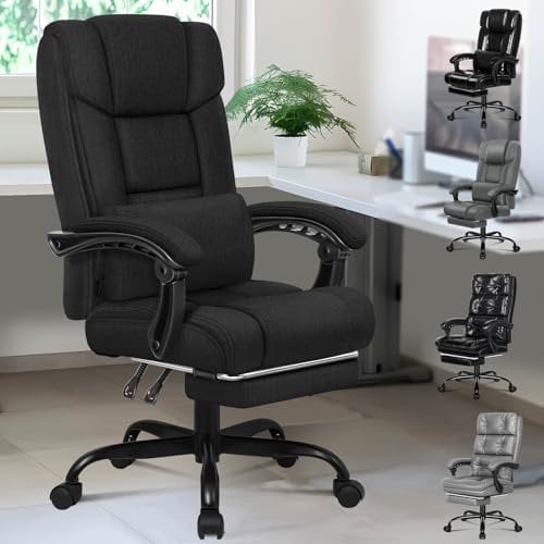 ELFORDSON Office Chair with Lumbar Cushion, Ergonomic Gaming Chairs with Footrest, High Back Heavy-duty Chair, 150° Backrest Recliner, Adjustable Height, Swivel, Linen, Black