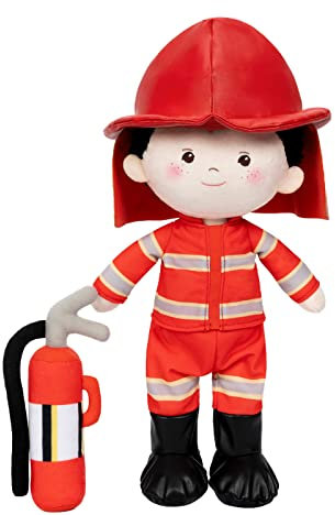 OUOZZZ Baby Puppe, Weiche Stoffpuppe Jungen Feuerwehrmann Puppe, Stoffpuppen Kuschelpuppe für Kinder ab 3 Monaten - Baby Geschenk zur Geburt Jungen Mädchen, 39cm
