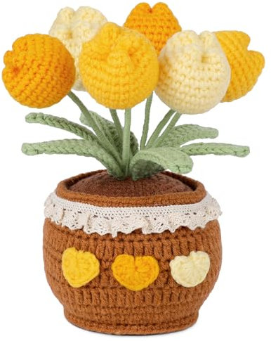 Lovmeety Gelbe Tulpen, gehäkelte Blume im Topf, handgefertigte gehäkelte Blumen, gestrickter Blumenstrauß, fertige künstliche Blume, Tulpe, Geschenk für Freundin, Frauen, Heimbüro-Dekoration