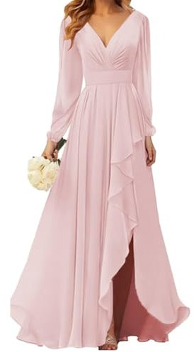 Women's Long Sleeve Bridesmaid Dresses Ruffled Chiffon High Low Slit Formal Dresses Blush Pink UK10