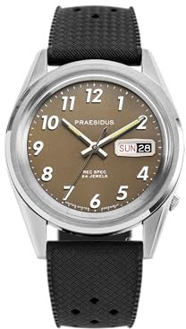 PRAESIDUS Rec Spec 38 mm Herren-Militäruhr, NH36 Automatik-Armbanduhr, 50 m wasserdicht, Felduhr mit Leder/Gummi/Canvas-Armband mit Khakibraun/OG und weißem Sonnenstrahl-/Popcorn-Zifferblatt