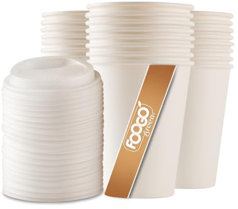 FOOGO Green 100pcs 16oz Disposable Strong Single-Wall White Paper Coffee Cups with Secure Lids, FSC® Certified, Takeaway, Paper Cups for Hot Drinks, Parties, Eco-Friendly