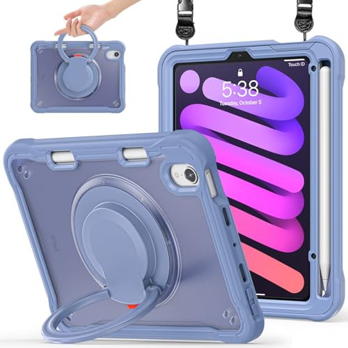Miimall für iPad mini 7/6 Schutzhülle (8,3 Zoll, 2024/2021 Modell) 360° Drehbar Ständer Ring und Schultergurt Case Pencil Halter Armor Tragbare Cover für iPad mini 7 Hülle mit Stifthalter Violett