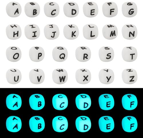 Spritewelry Lot de 52 perles lumineuses en silicone avec lettres de l'alphabet phosphorescentes pour fabrication de porte-clés, cordons, bracelets, bijoux
