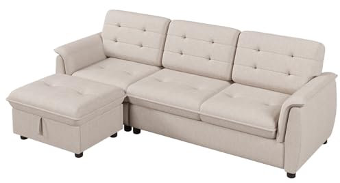 HAINEW Moderner Ecksofa Eckcouch Mit Stauraum, Polstermöbel 3 Sitzer L-Förmig Sofa Couch mit Kissen und Armlehnen, Leinenstoff Loungesofa mit Fußstütze und Ottoman für Wohnzimmer