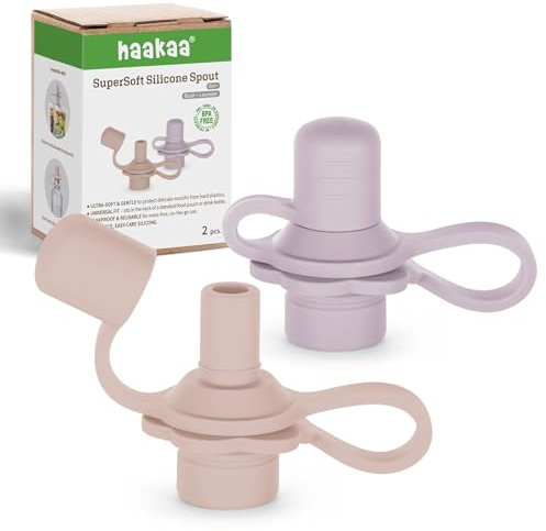 haakaa Multi-Functional Silicone Spout,Pouch Topper No Spill,Water Bottle Topper for Toddlers,100% Food Grade Silicone,2 Pack (Blush + Lavender)