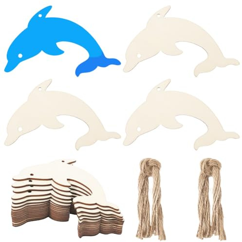 GORGECRAFT 20 Stück Delfin Holzausschnitt Blanko 8x9cm Unlackierte Holzscheiben Geschenkanhänger Aus Holz Hängende Ornamente Mit Loch Hanfseile Für Heimwerker Sommer Strand Und Seethema Hochzeitsfe