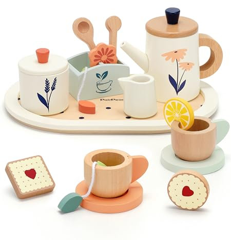 PairPear Wooden Toy Tea Party Set for Kids Pretend Play Kitchen Accessories for Kids Role Play Tea Party Gift for Girls Boys Toddlers