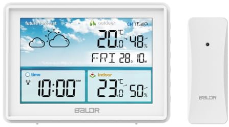 BALDR Wetterstation Innen und Außentemperatur Funk mit Wettervorhersage – Thermometer Innen und Außentemperatur Funk mit Wettervorhersage - Hygrometer Feuchtigkeit Digital mit Außensensor - Weiß