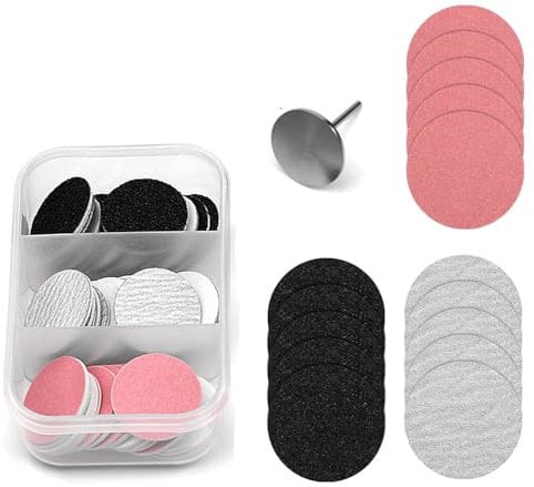 YUNYU Lot de 120 disques abrasifs pour pédicure – Contient des tampons de ponçage pour pieds de grain 80/120/180/240, 2 embouts métalliques et des feuilles de papier abrasif de 25 mm, compatibles avec