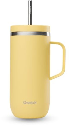 QWETCH - Cold Cup 600ml avec Poignée et Paille - 24h Glacé & 12h Froid - Citron - Gourde Isotherme en Inox, Tasse Thermo Café