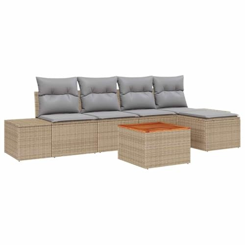 vidaXL 6-teiliges Garten-Sofa-Set mit Kissen in Beige aus Poly Rattan und Akazienholz. Perfekt für Sitze im Freien, Pflegeleichte und abnehmbare Kissen. Ideal für deinen Patio oder Balkon!