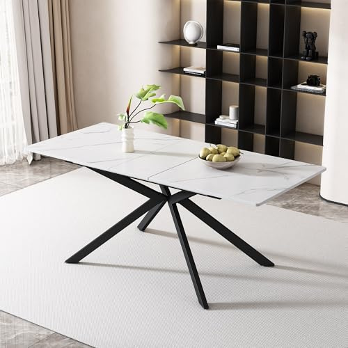 Lahoomu Erweiterbarer Esstisch, Automatisch Ausziehbar, Rechteckig, Kaffee-Freizeittisch, L150/180 x B70 x H76 cm, Kreuzbein-Design, Marmorstruktur, Schwarz und Weiß
