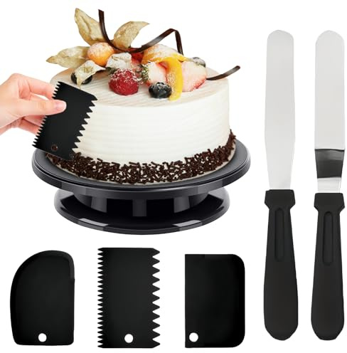 GOEDCH Vassoio Girevole Per Torta Da 27 Cm Con 2 Spatole Per Gelato E 3 Spatole Per Impasto, Supporto Girevole Per Pasticceria E Decorazione Di Torte