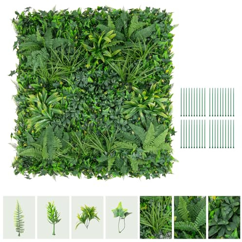 SOARS 4 Stück Künstliche Pflanzenwand, Hecke 50x50cm mit UV-stabilisierten Paneelen & verschiedenen Blättern, für Wohnzimmer, Garten, Wand, Hochzeit, Grün